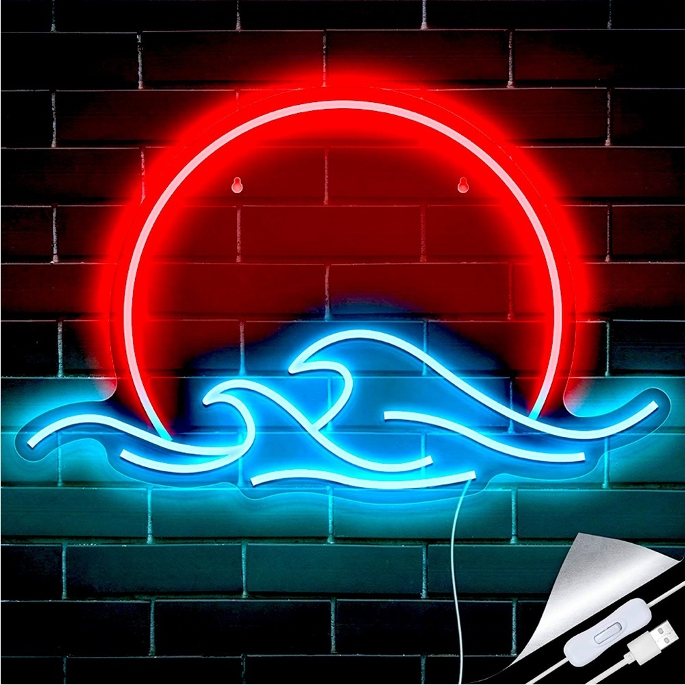 Neon Ocean Wave Sunset Blue Red Light Bedroom Outdoor Indoor Japanese RetroDecor - Picture 6 of 6